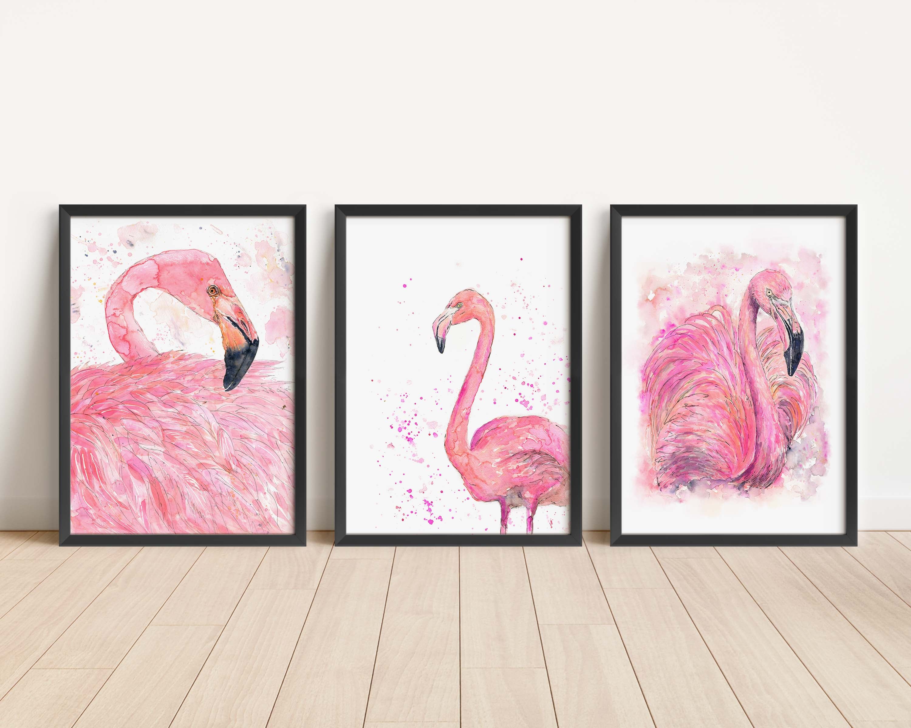 Home Wall Flamingo – Art, Watercolour Pink Cow Crafty 3 Decor Flamingo Design Print Set