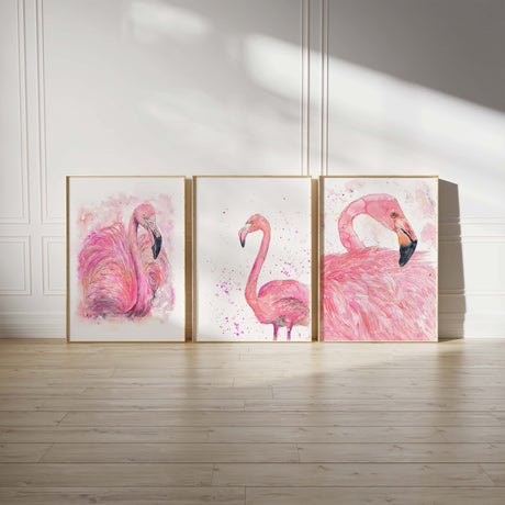 Tropical Flair for Your Walls: Pink Flamingo Art Collection, Soothing Pink Hues in a Set of 3 Watercolour Flamingo Prints