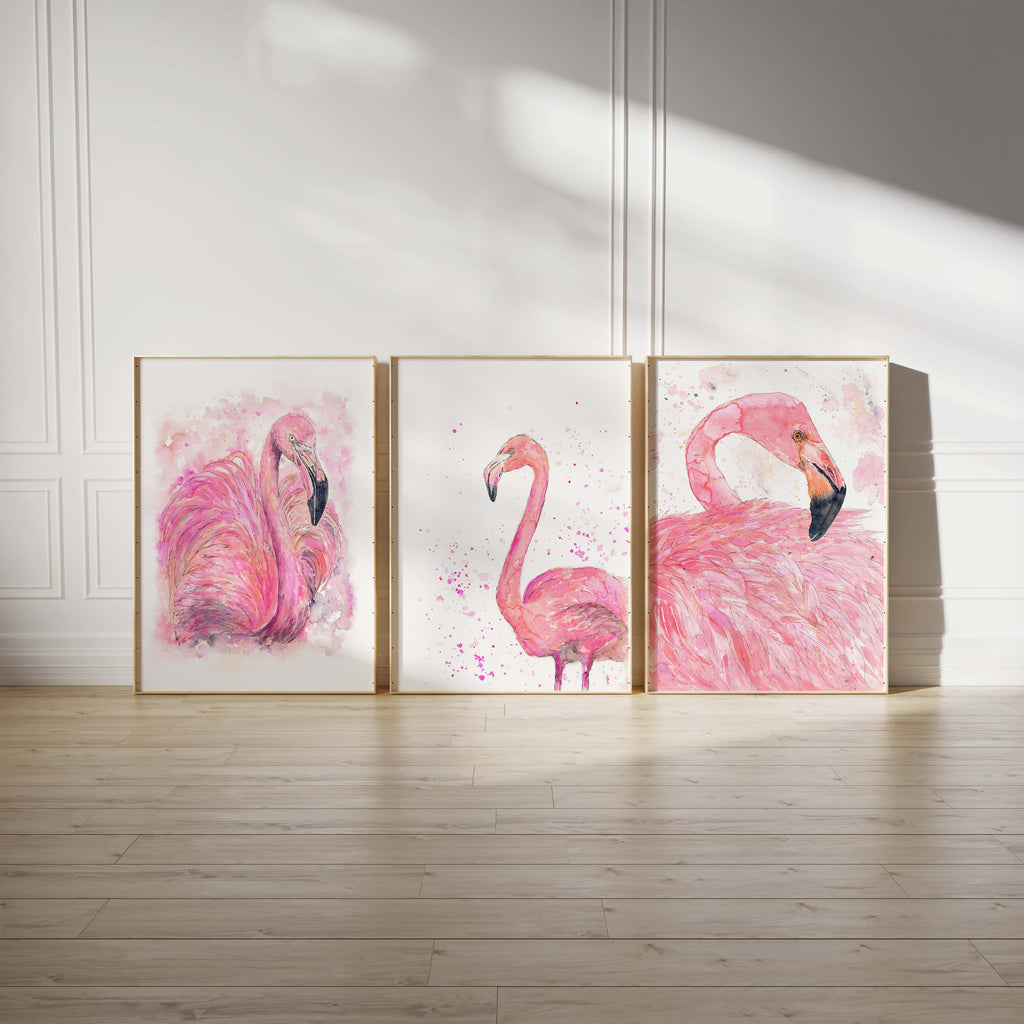 Tropical Flair for Your Walls: Pink Flamingo Art Collection, Soothing Pink Hues in a Set of 3 Watercolour Flamingo Prints