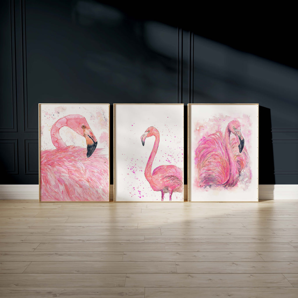 Artistic Elegance: Pink Flamingo Trio in Loose Watercolor, Express Your Style with Pink Flamingo Watercolour Prints Set