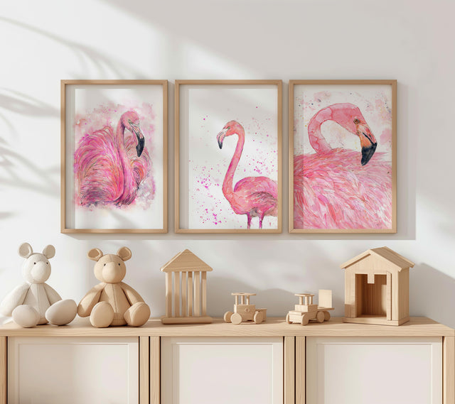 Hand-painted flamingo set in dreamy watercolour hues. Three flamingo illustrations with graceful brushwork