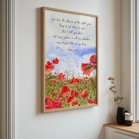 Bible verse print with red poppies and Scripture from Matthew 6 reminding us of God’s care.