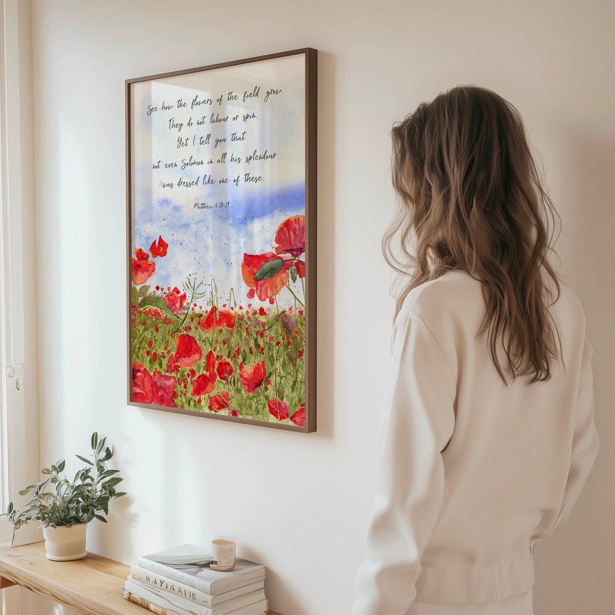 Floral Christian art print featuring poppy field and words of Jesus in watercolour painting.