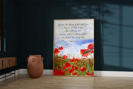 Watercolour Poppy Field Bible Verse Wall Art, Inspirational Scripture Print with Poppy Field, Biblical Wisdom Watercolour Wall Art