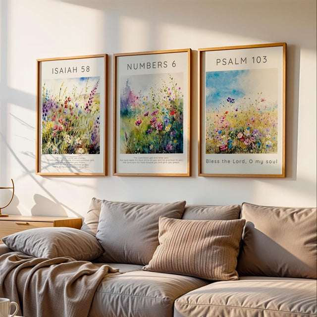 Wildflower-themed scripture print set with verses on God’s guidance, soul blessing, and divine peace, perfect for a peaceful Christian home.
