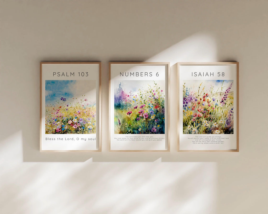 Uplifting wall print trio for spiritual reflection, Radiant colors of nature in biblical wall decor, Faith-inspired print set