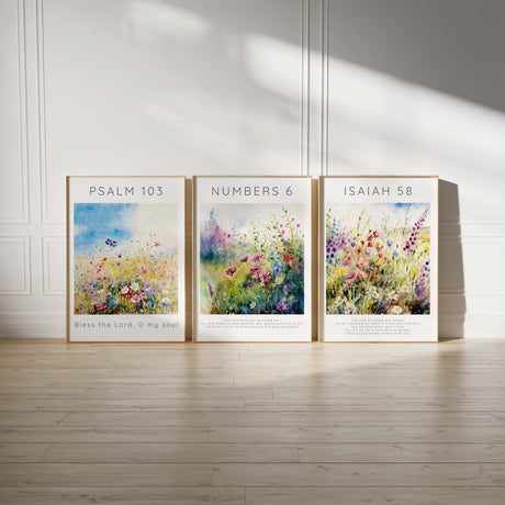 Flower Garden Christian Home Decor Print 3 Set, Modern Bible Verse Art Triptych, Floral Meadow Nature Inspired Scripture Wall Art Prints