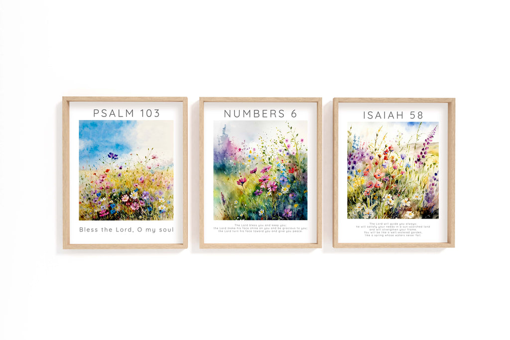 Christian decor with flourishing garden motifs, Serene wildflower meadow scripture art set, Uplifting wall print trio