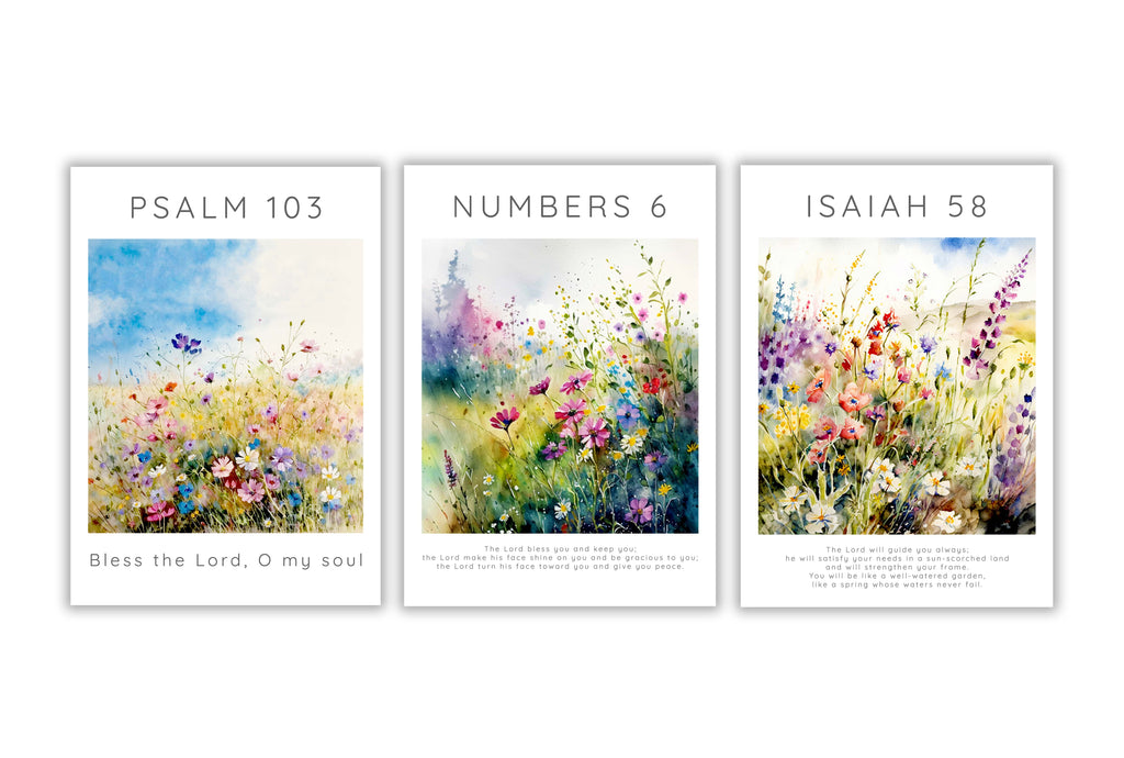 Nature's beauty meets biblical wisdom art collection, Isaiah 58:11, Psalm 103:1, Numbers 6:24-26 3 print set wall decor