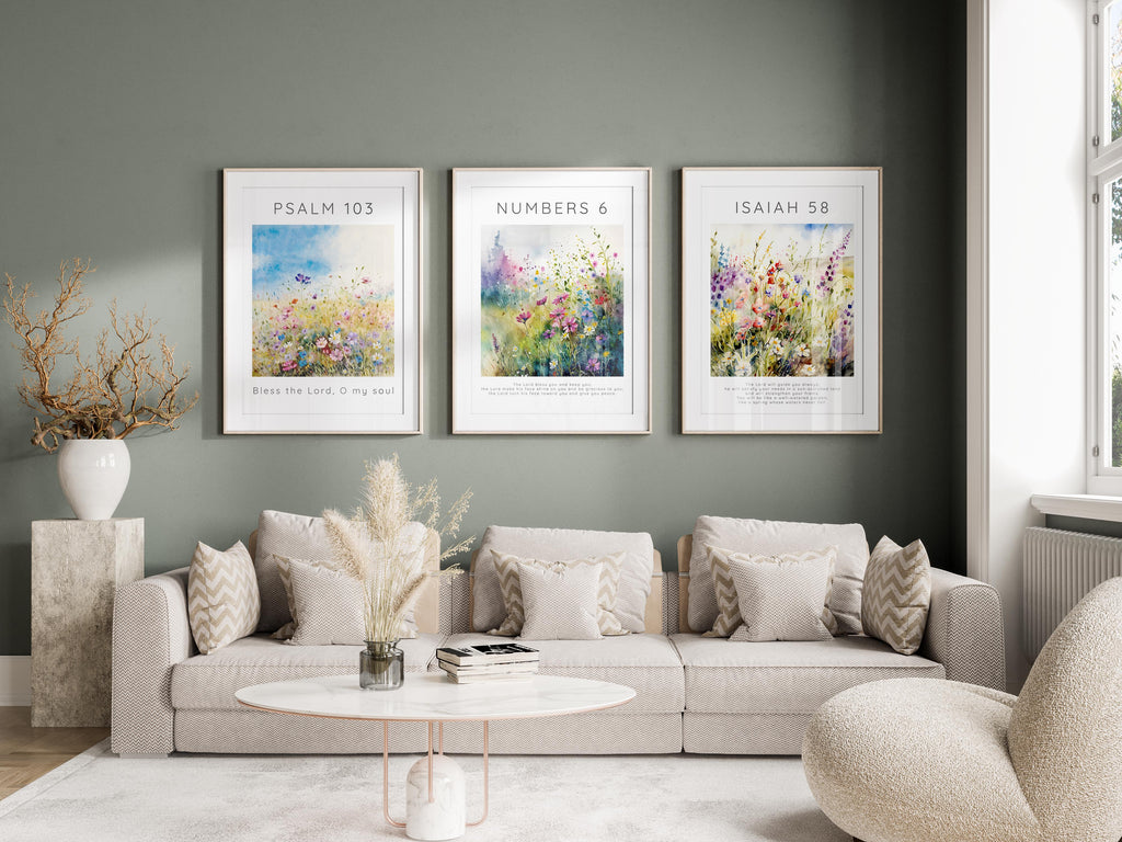 Colorful wildflower meadow home accents, Isaiah 58:11, Psalm 103:1, Numbers 6:24-26 print collection, bible verse triptych