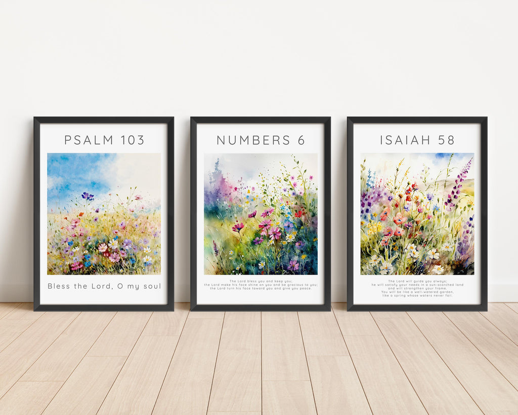Faith-inspired print set with blooming flowers, Inspirational wall art featuring three Bible verses, Floral theme Christian print