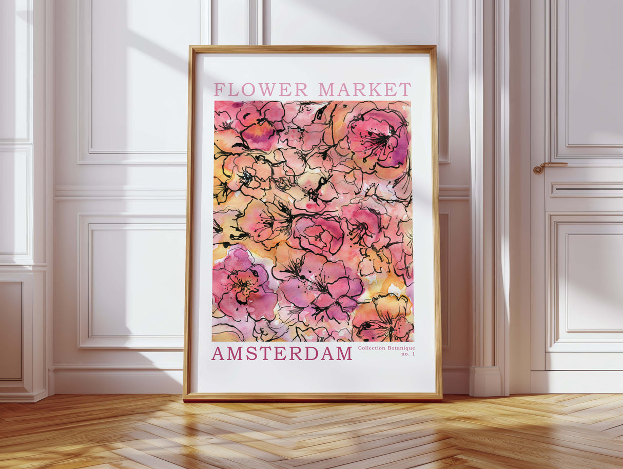 Pink and orange maximalist floral art. Vibrant watercolour flower print with ink details.