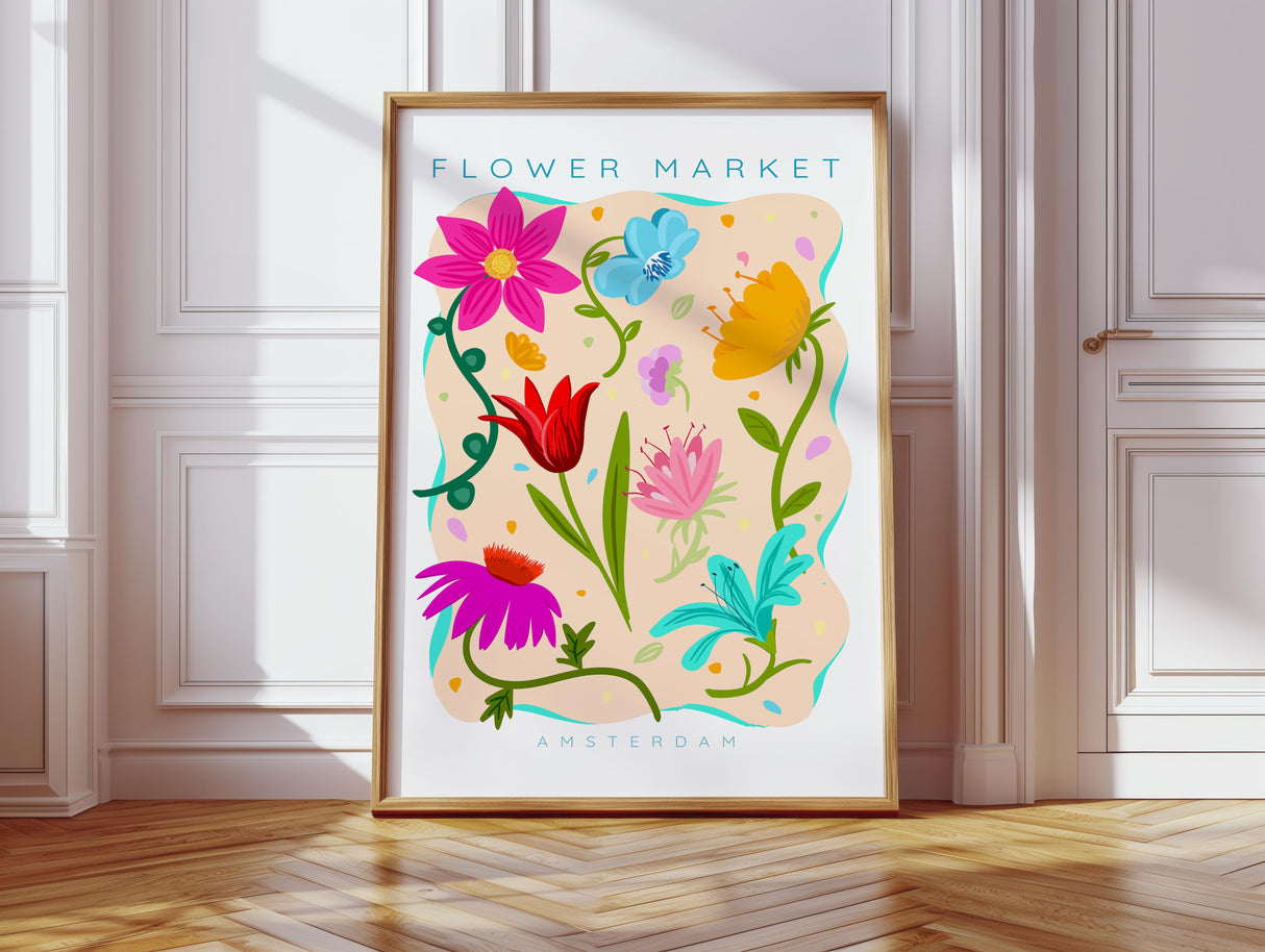 Digital art print of flower market Amsterdam. Modern and maximalist flower market wall art.