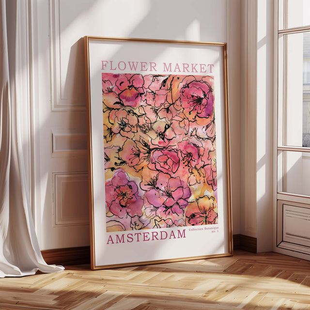 Amsterdam flower print for maximalist home decor. Pink and orange flower print with Amsterdam theme.