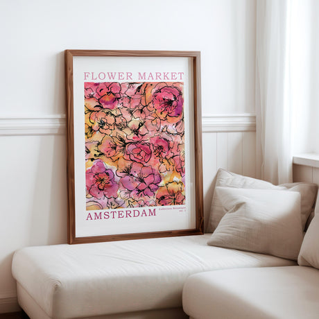 Hand-painted flower market Amsterdam print with pink and orange blooms and vintage lettering.