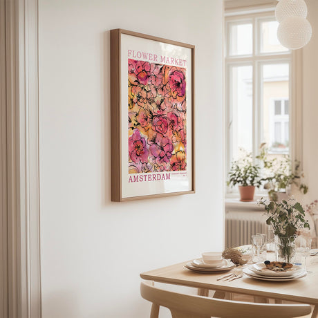 Cheerful Amsterdam flower market wall print in a joyful pink and orange watercolour palette.