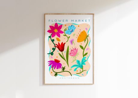 Maximalist floral poster featuring Amsterdam flower market lettering.