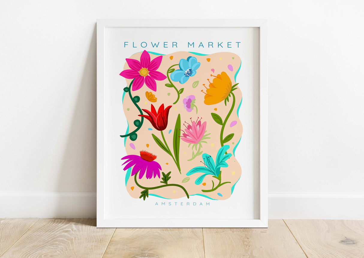 Amsterdam flower market decor for gift-giving. Hand-drawn floral art print with bold colours.