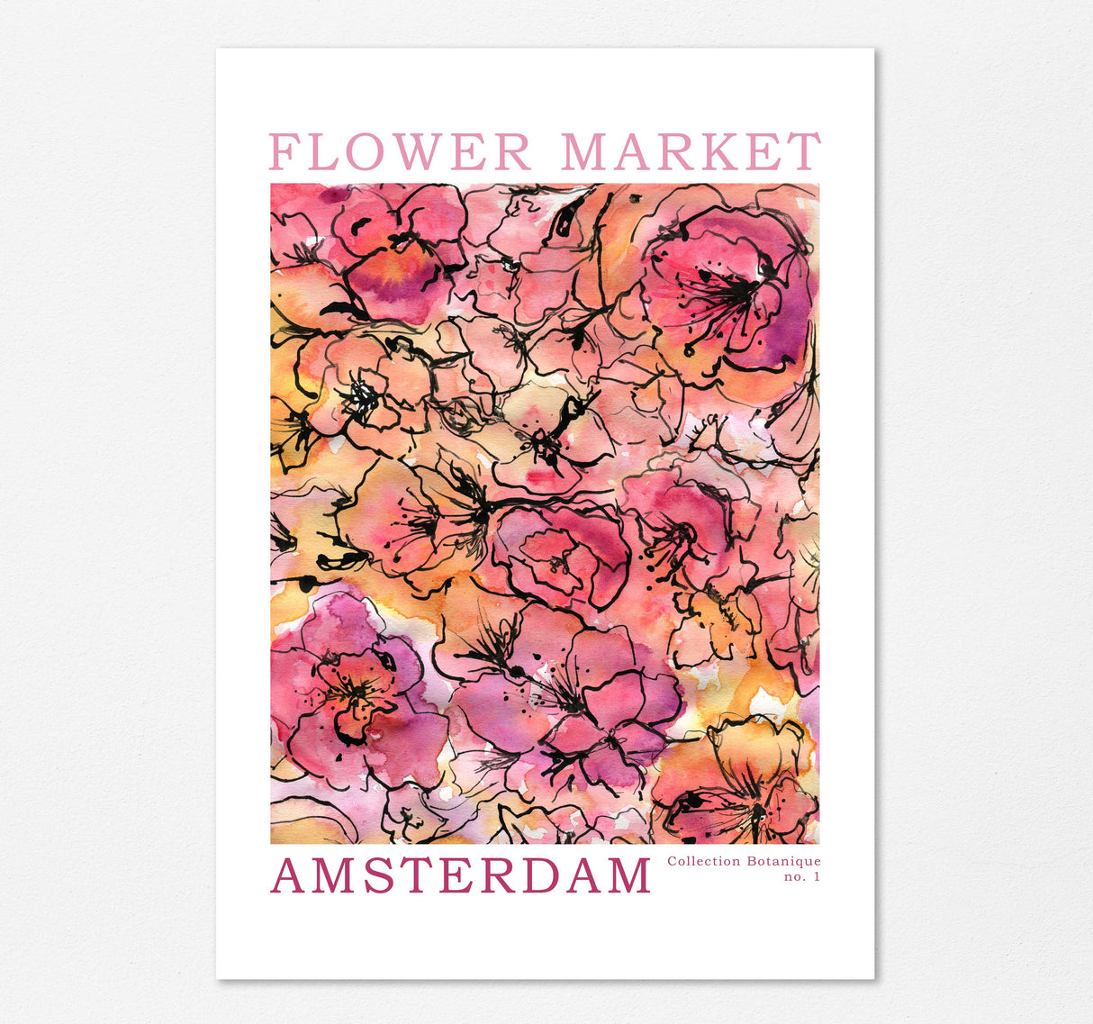 Amsterdam art print with floral and ink design.