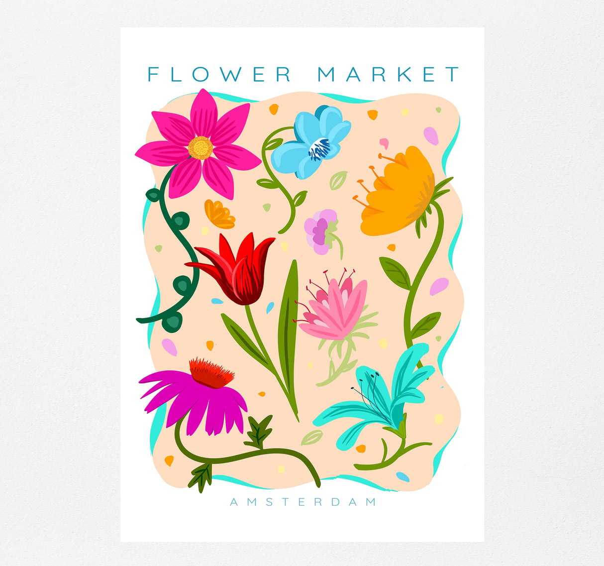 Digital art of Amsterdam flower market scene. Modern floral print gift for women.