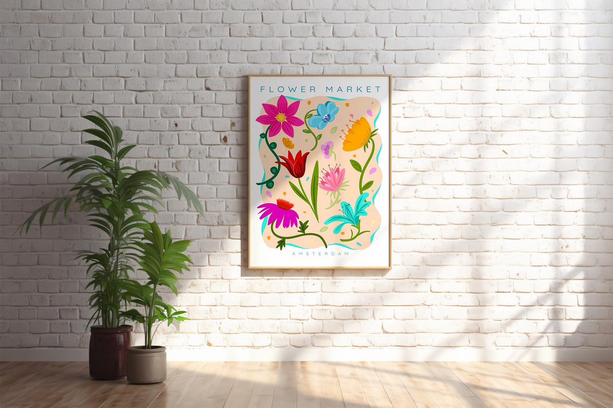 Flower market print with 'Flower Market' and 'Amsterdam' text. Bright floral art for maximalist home decor.