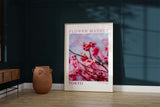 Feminine decor with pink cherry blossom print. Wall art of cherry blossoms with text.