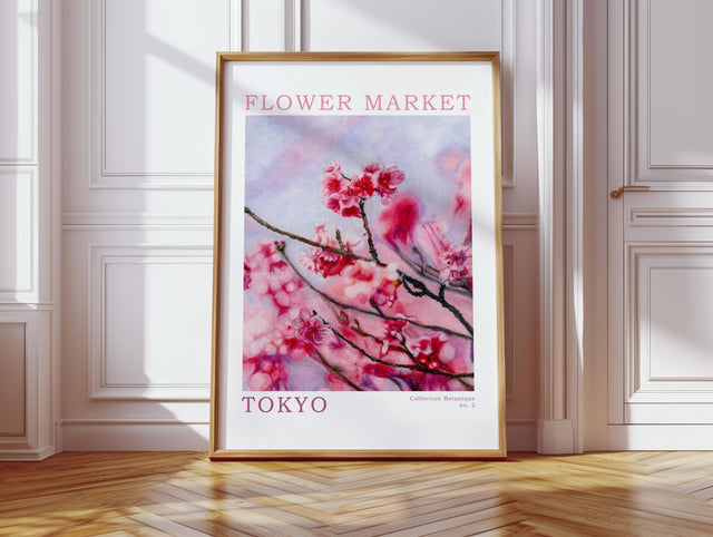 Square cherry blossom art with modern design. Pink floral print with text accents.