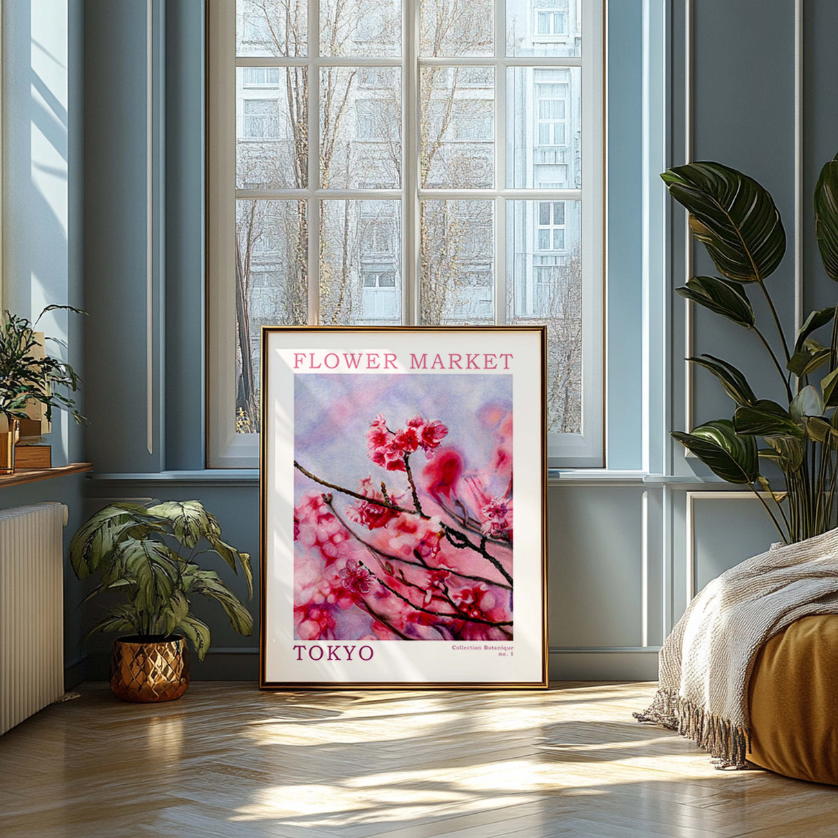 Square cherry blossom print for women. Classy flower market art with blue accents.