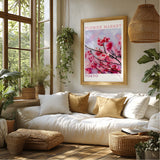 Sakura flower print, modern art for home. Pink floral decor with cherry blossoms.