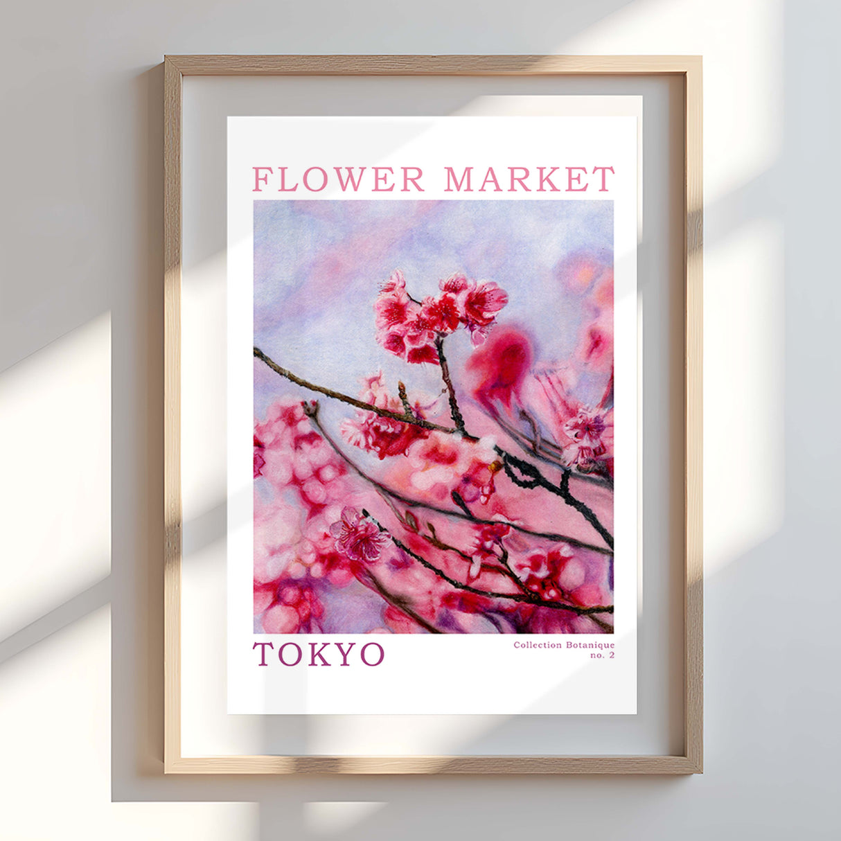 Modern botanical print with Tokyo text. Elegant cherry blossom wall art in a square format.