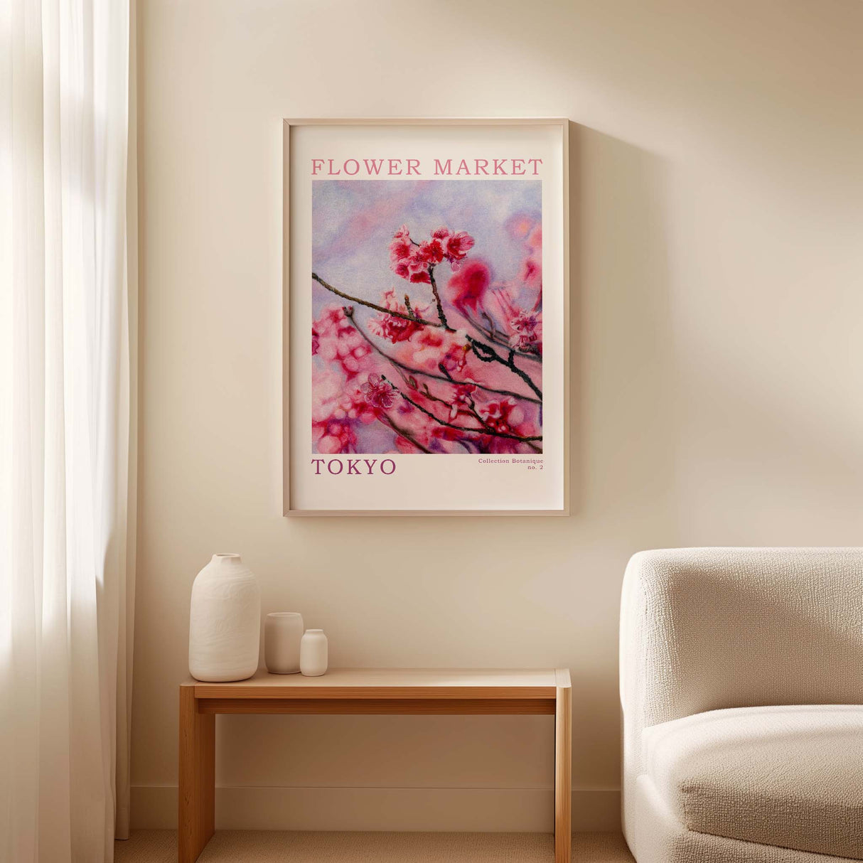 Pink cherry blossom art with “Flower Market” text. Cherry blossom floral print with blue-violet background.