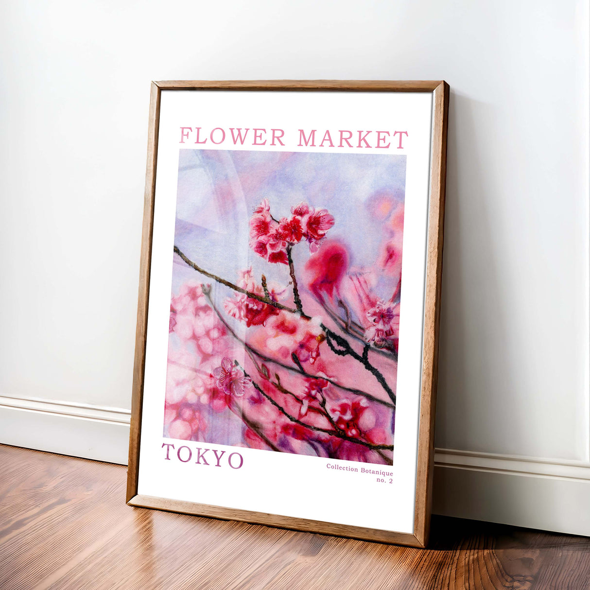 Botanical print featuring cherry blossoms. Tokyo flower market-themed wall art.