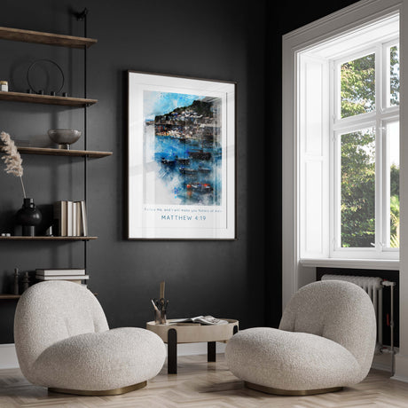 Matthew 4:19 wall art print with fishing village scene, Biblical watercolour art print - Matthew 4:19, christian wall art