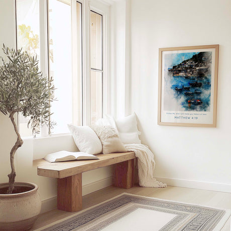 Watercolour Christian wall art print featuring Matthew 4:19 with a peaceful fishing village scene.