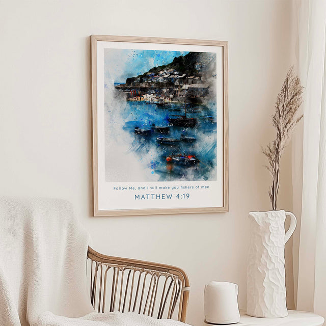 Modern Bible verse print with soft brushstrokes and the words “Follow me and I will make you fishers of men.”