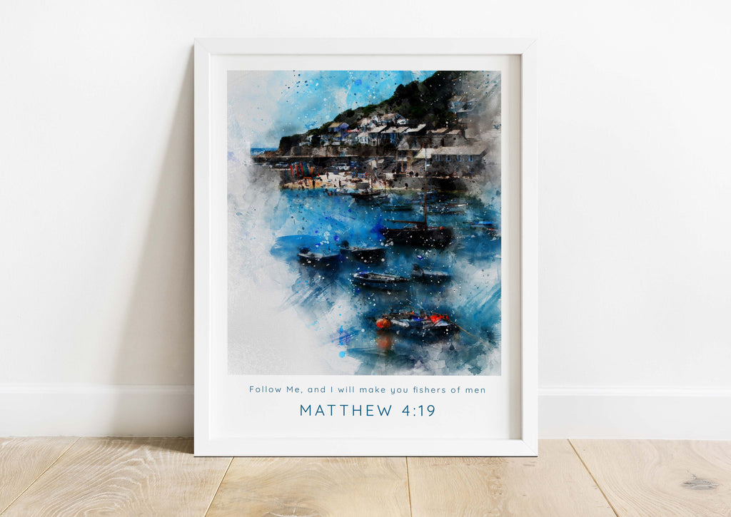 Christian wall decor - 'Follow Me, and I will make you fishers of men', Inspiring Matthew 4:19 quote in watercolour print