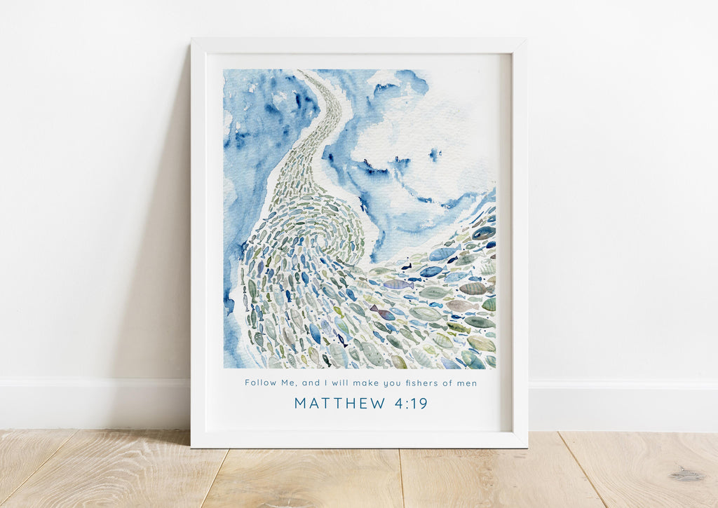 Matthew 4:19 watercolour print for home decor, Modern Christian watercolour art print - Fishers of Men, Matthew 4:19 scripture art