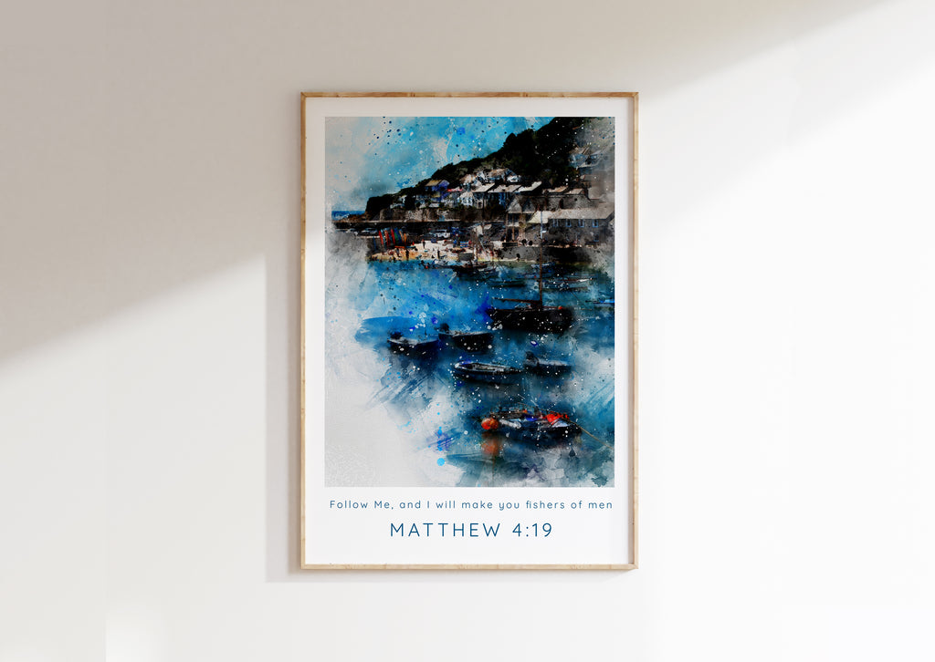 Watercolour fishing village print with Matthew 4:19 quote, Modern Christian art featuring 'Follow Me' Bible verse