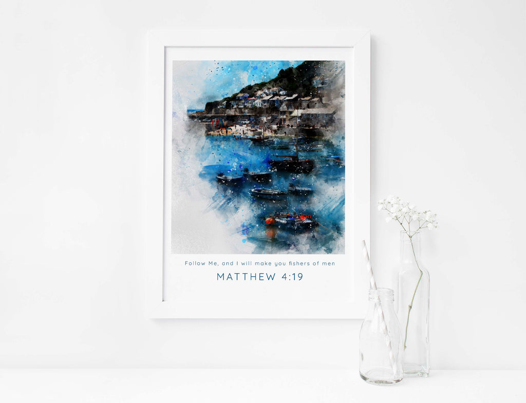 Fishers of Men Scripture wall art in watercolour style, Serenity of fishing village art with biblical message