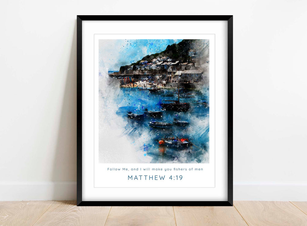 Contemporary faith poster with Matthew 4:19 verse, Elegant watercolour art - 'Follow Me' Bible verse print, bible verse posters