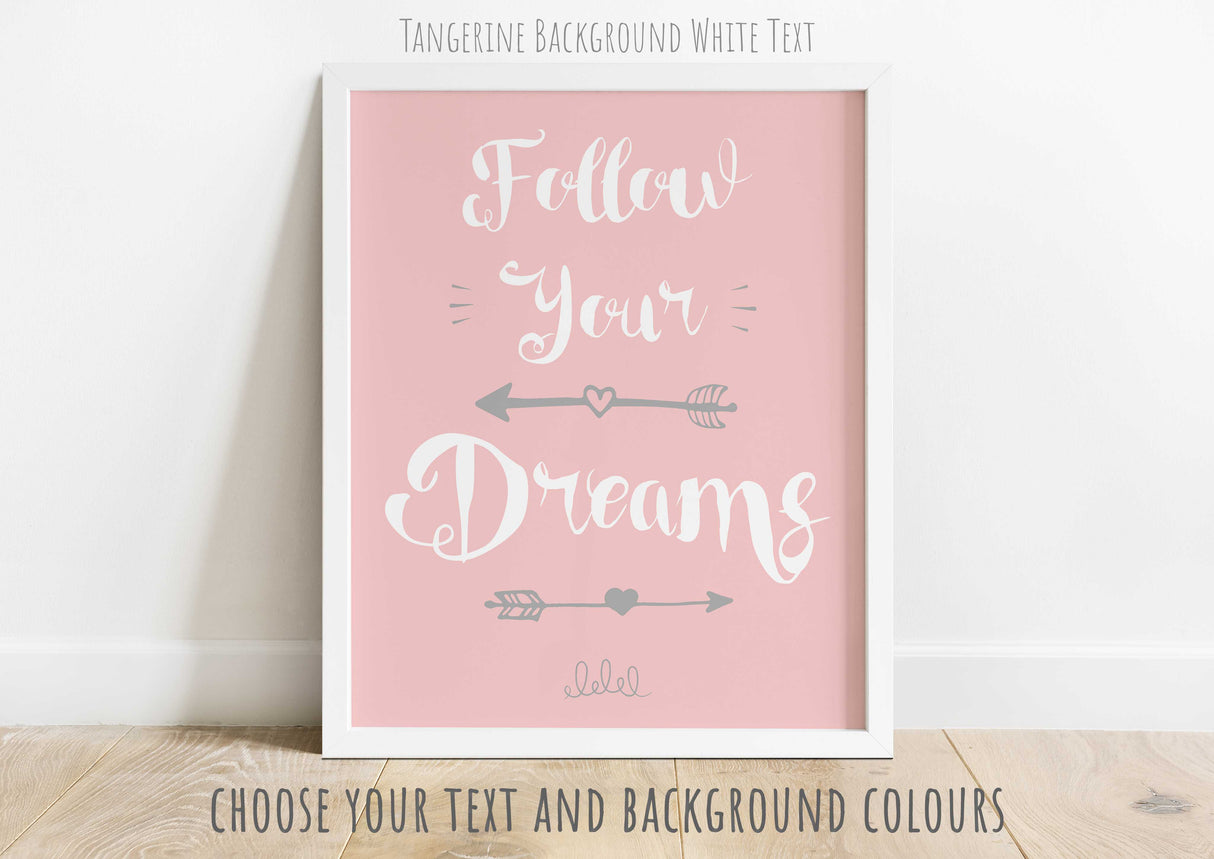 Personalized kids room print with customizable background and text colors, Whimsical follow your dreams print for kids room decor