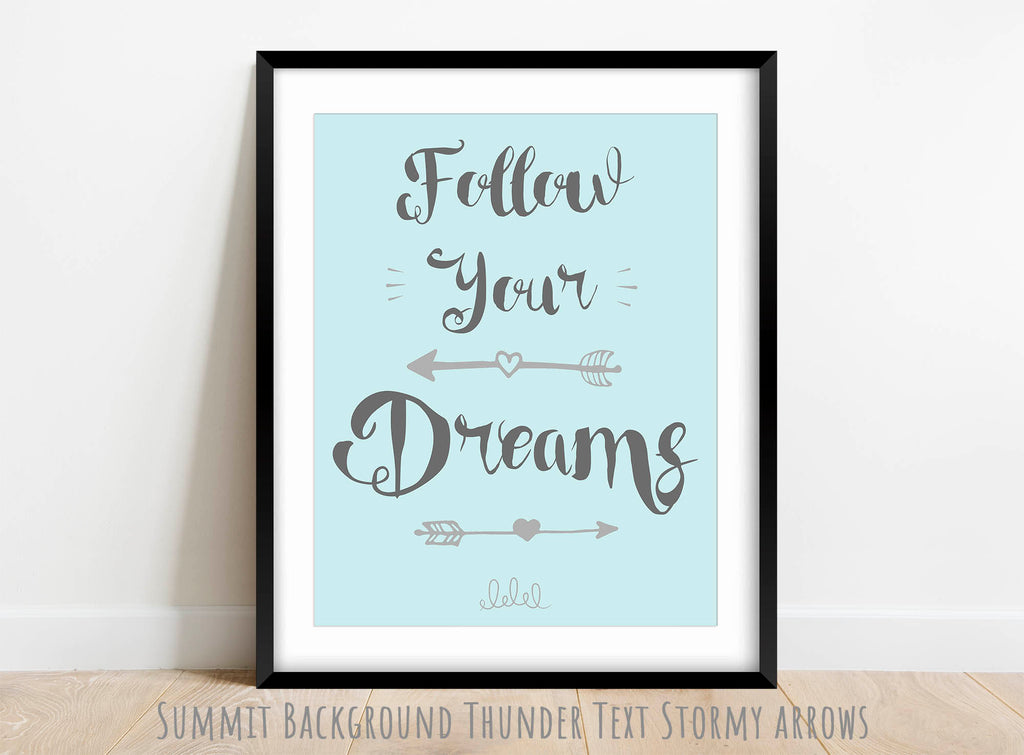 Inspiring wall art for children's rooms with "Follow Your Dreams" message, ollow your dreams artwork for kids room in personalized colors