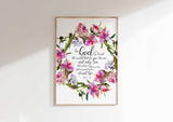 Pink floral Bible verse print, John 3 16 Christian wall art for gifts or home decor.