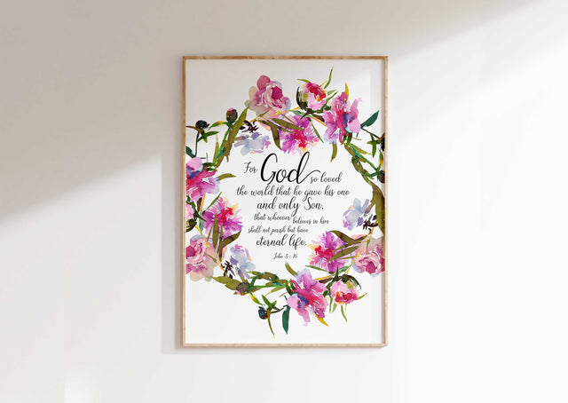 Pink floral Bible verse print, John 3 16 Christian wall art for gifts or home decor.