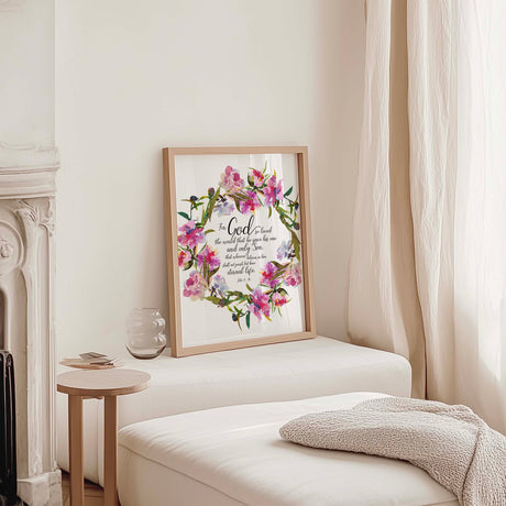 Inspirational John 3 16 wall art print with pink floral accents for Christian homes.