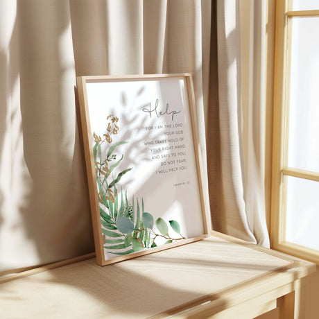 Inspirational Bible verse artwork with a neutral-toned background and gentle floral elements.