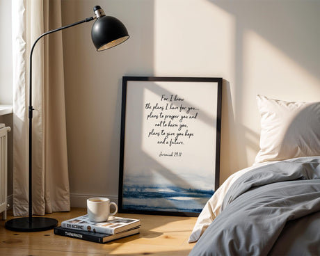Jeremiah 29:11 Bible verse print with abstract navy blue watercolour and elegant faith-inspired typography.