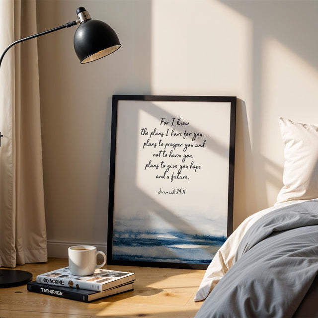 Jeremiah 29:11 Bible verse print with abstract navy blue watercolour and elegant faith-inspired typography.