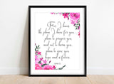 Floral Bible verse print with Jeremiah 29:11 in pink and purple tones. 