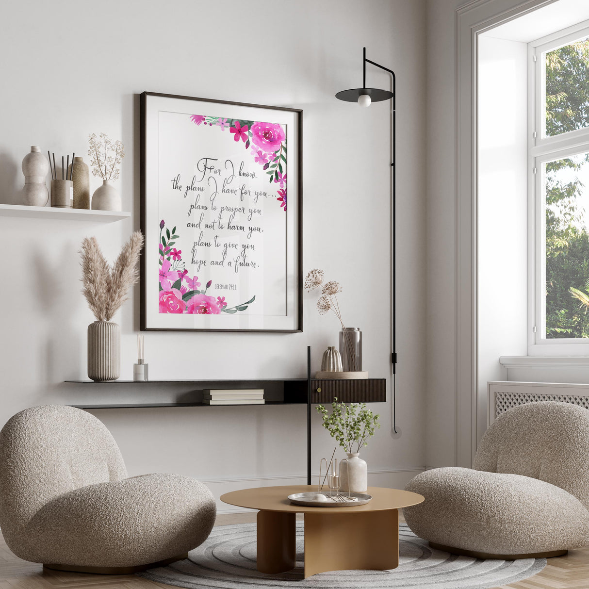 Jeremiah 29:11 art print surrounded by pink and purple flowers.